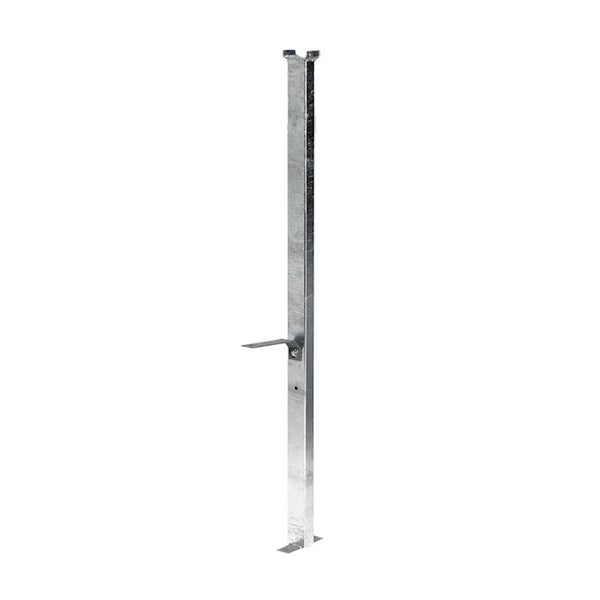 Verzinkter Zaunpfosten aus Metall mit Montagehalterung und Bodenplatte.