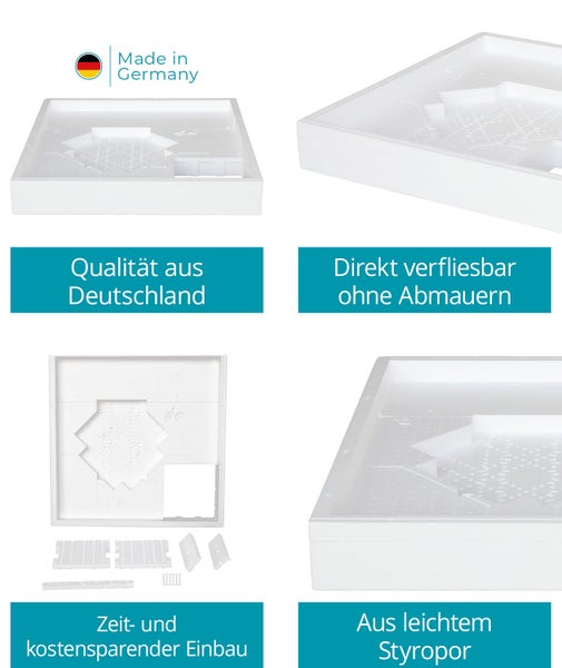Calmwaters® Duschwannenträger 90x90 cm Modern Select, Passend für Quadrat-Duschwanne 90 x 90 x 2,5 cm, Styropor-Wannenträger, Schall- und wärmedämmend, Direkt verfliesbar, Weiß, 03AX3022