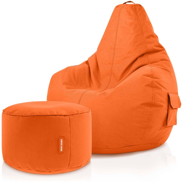 Green Bean© 2er Set Sitzsack + Hocker - fertig befüllt - robust waschbar schmutzabweisend - Kinder & Erwachsene Bean Bag Bodenkissen Lounge Sitzhocker Relax-Sessel Gamer Gamingstuhl Pouf - Orange