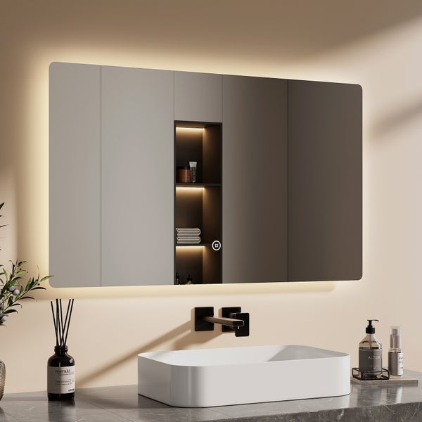EMKE LED Badspiegel 100x60 cm, Touchschalter, 3 Lichtfarben einstellbar, Helligkeit dimmbar, IP44, rostfreier Spiegel, horizontal/vertikal montierbar, für Bad