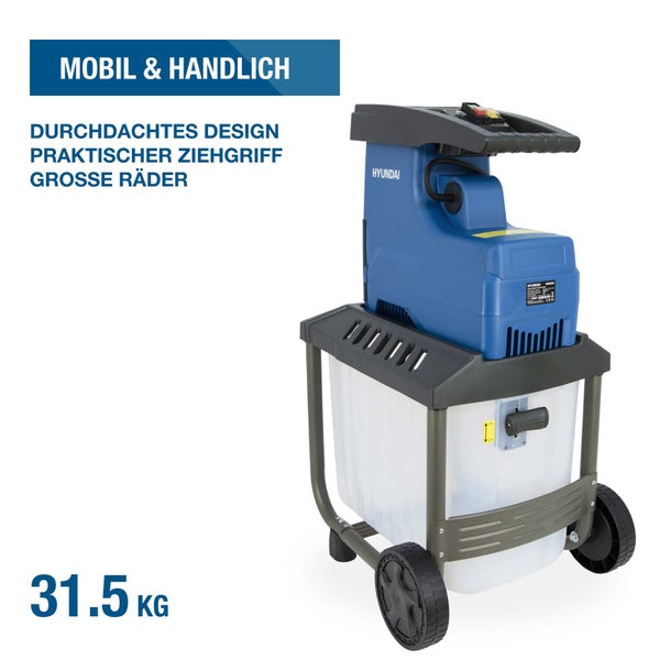 Mobiler Hyundai Gartenhäcksler mit großen Rädern, praktischem Ziehgriff, transparenter Fangbox und einem Gewicht von 31,5 Kilogramm.
