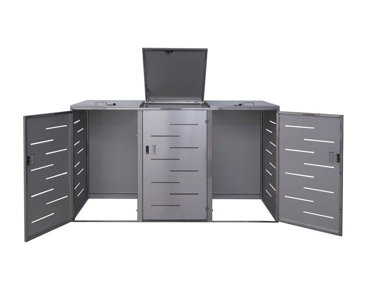 Mülltonnenbox mit drei Fächern und geöffneten Türen