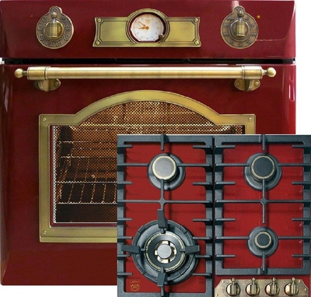 Einbau-Backofen und Kochfeld im Retro-Design mit analoger Zeitanzeige und Drehreglern in antiker Metalloptik.