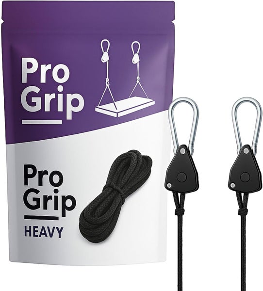 Zwei Pro Grip Heavy Seilratschen mit Karabinern und schwarzem Seil inklusive Produktverpackung.