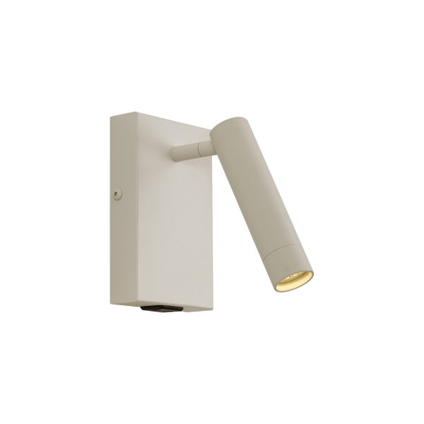 Wandleuchte in Sandfarbe mit schwenkbarem, zylindrischem Spot und rechteckiger Basis.
