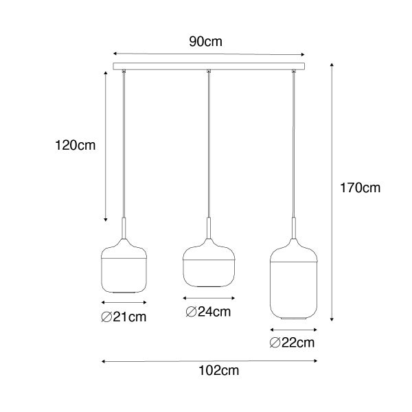 Technische Zeichnung einer Pendelleuchte mit drei Leuchten und Maßangaben.