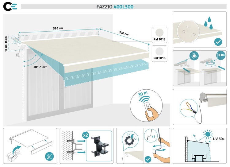 Fazzio 400L300 Markise mit den Maßen 395 mal 300 Zentimeter, Neigungswinkel 30 bis 100 Grad, Ral 1013, Ral 9016, wasserabweisend, Windsensor, Motor, Fernbedienung, Handkurbel und UV Schutz 50+