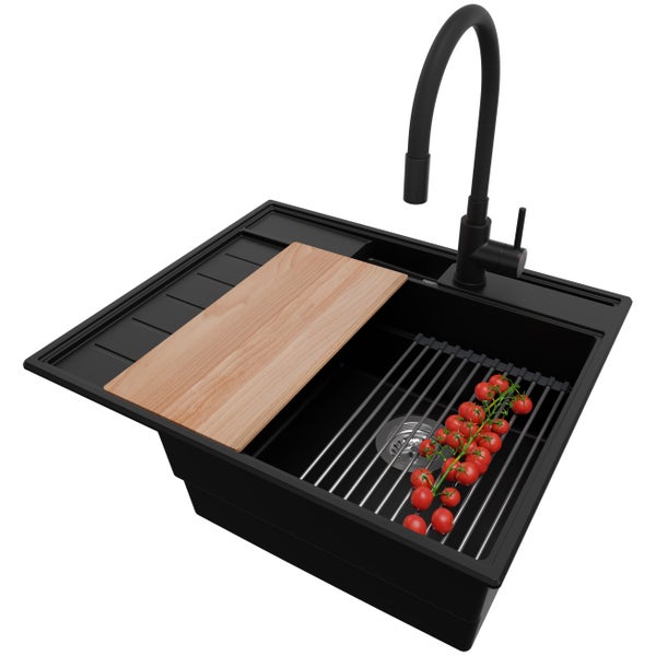 PRIMAGRAN Granitspüle Schwarz 62x53cm, Spülbecken 1 Becken + Küchenarmatur 40x38cm + Ablauf-Set + Küchenzubehörset, Küchenspüle ab 45er Unterschrank - Sydney Pocket