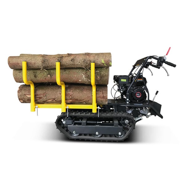 Raupentransporter mit Holzstämmen auf gelbem Gestell