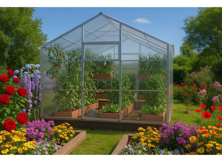 Gewächshaus mit Pflanzen in einem Garten mit Blumenbeeten.