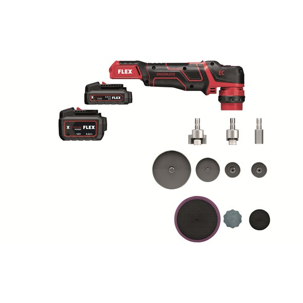 FLEX Akku Multitool Set mit zwei 12 Volt Akkus, Ladegerät und umfangreichem Zubehörset für vielseitige Schleif- und Trennarbeiten.