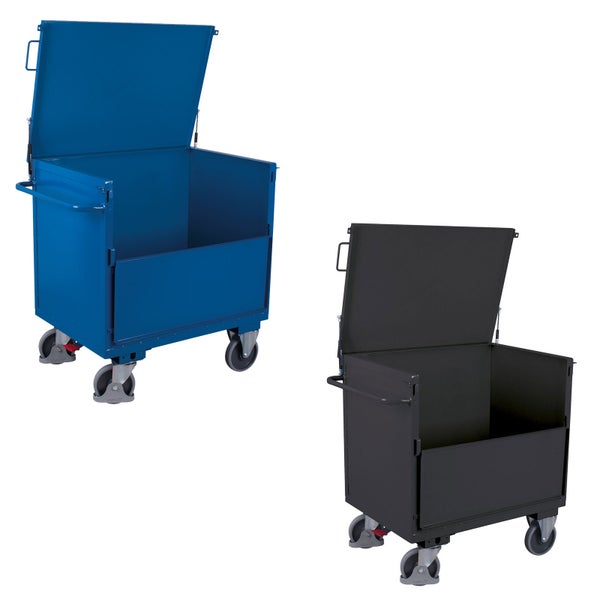 Transportbehälter aus Stahl mit Deckel, Schiebebügel und Lenkrollen in Blau und Dunkelgrau.