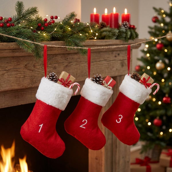 Drei hängende Weihnachtssocken mit Zahlen eins bis drei vor einem Kamin dekoriert mit Tannenzweigen und Kerzen für eine weihnachtliche Stimmung