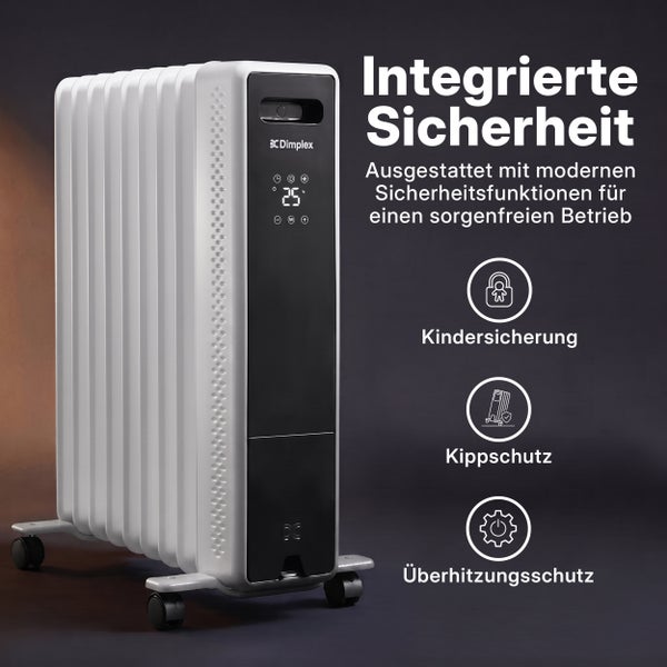 Dimplex Ölradiator mit digitalem Display, integrierter Kindersicherung, Kippschutz und Überhitzungsschutz für sicheren Betrieb.