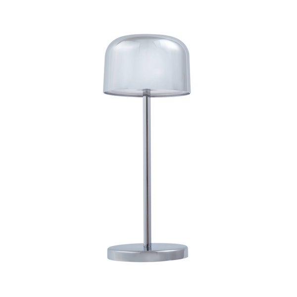 Moderne Tischleuchte aus verchromtem Metall mit kuppelförmigem Schirm und rundem Standfuß.