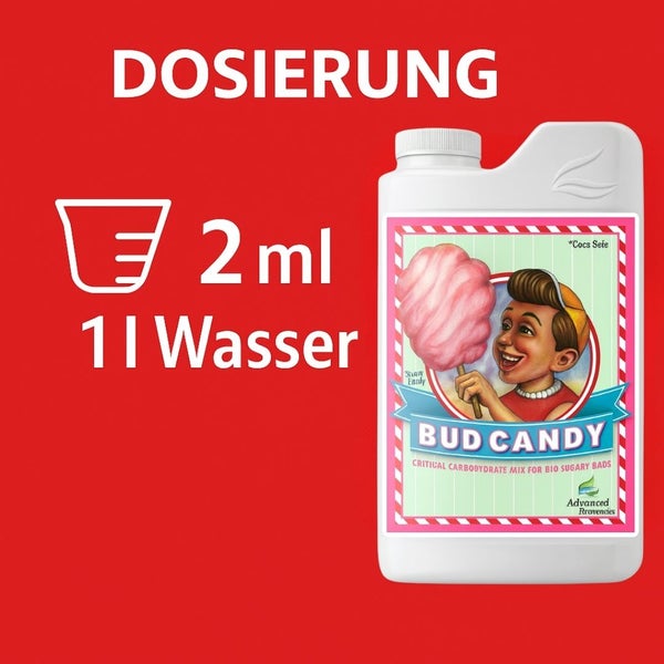 Bud Candy Zusatzstoff in einer weißen Flasche mit Dosierungsanleitung
