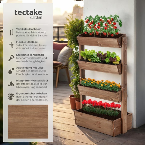 Vertikales Hochbeet aus lackiertem Tannenholz mit vier Ebenen für Pflanzen auf dem Balkon, platzsparend und ergonomisch, tectake garden Logo.