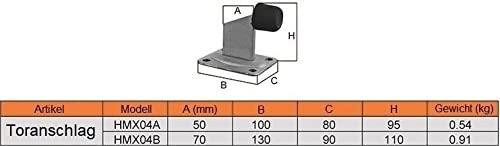 Technische Zeichnung eines Toranschlags mit Maßtabelle für die Modelle HMX04A und HMX04B inklusive Abmessungen und Gewicht.