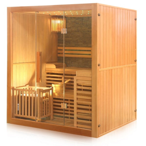 Dewello® Finnische Traditionelle Sauna SARNIA PLUS 180cm x 140cm inkl. 6 KW Harvia Ofen, inkl.  Aufguss-Set, Sanduhr, Thermometer