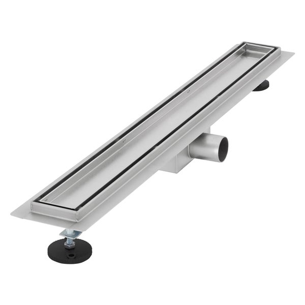 Duschrinne aus Edelstahl mit höhenverstellbaren Füßen und waagerechtem Abgang.