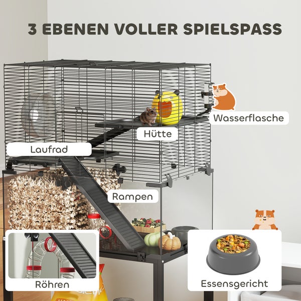 Hamsterkäfig auf drei Ebenen mit Laufrad, Hütte, Wasserflasche, Rampen, Röhren und Futternapf.