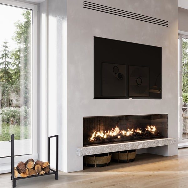FLOORDIREKT Kaminholzregal Samos - Schwarz - Modernes Brennholzregal mit Haken - für Innen und Außen - 77 x 76 x 30 cm