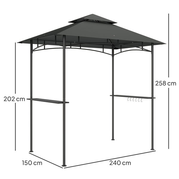 Outsunny Grillpavillon mit LED 240 x 150 x 258 cm wasserabweisend flammhemmend Gartenpavillon mit Doppelschichtdach, Seitenregalen, Gartenlauben mit UV-Schutz, BBQ Pavillon für Party BBQ Dunkelgrau