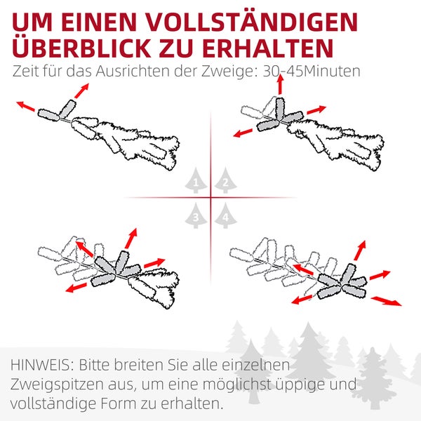 Anleitung zum Ausrichten der Zweige eines künstlichen Weihnachtsbaums in vier Schritten für eine dichte Form. Dauer circa 30 bis 45 Minuten.
