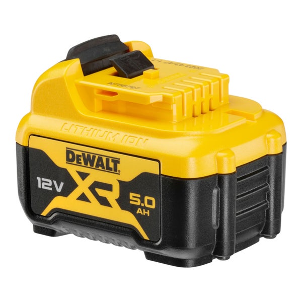 DeWalt 12 Volt XR Lithium-Ionen-Akku mit 5,0 Amperestunden in Gelb und Schwarz.