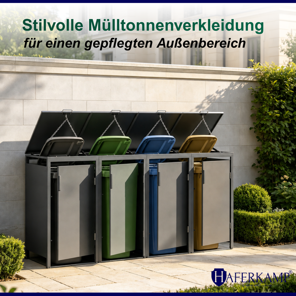 Mülltonnenbox aus Metall für vier Mülltonnen mit geöffneten Deckeln und Türen auf einer Terrasse.