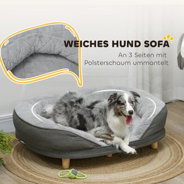 PawHut Hundesofa Hundecouch, Waschbarer Bezug, Haustiersofa mit Rückenlehne und Holzbeine, Katzensofa, Hundbett für mittelgroße Hunde unter 25 kg, 90cm x 78cm x 25cm, Grau