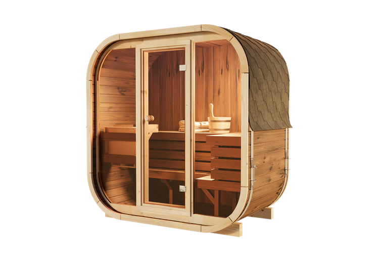 Quadratische Fasssauna aus Holz mit Glasfront, Holzbänken und Schindeldach.