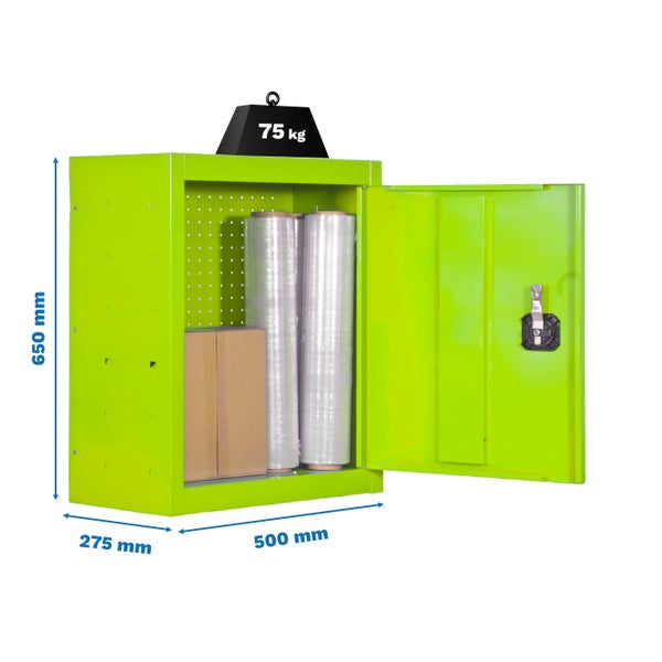 Geöffneter Werkzeugschrank mit Abmessungen 650 x 500 x 275 Millimeter und einer Traglast von 75 Kilogramm