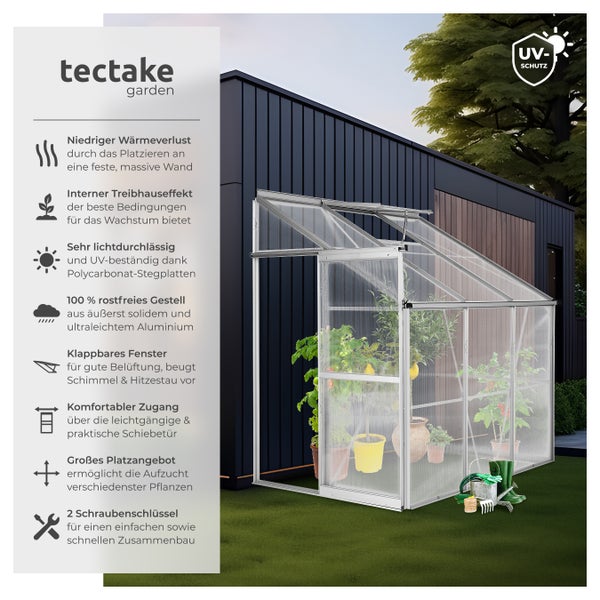 tectake Garten Gewächshaus mit UV-Schutz, Polycarbonat-Stegplatten und Aluminiumrahmen.