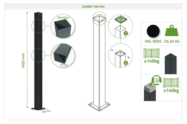 Zaunpfosten Carmo 10H165: Höhe 1650 Millimeter, Profil 10x10 Zentimeter, Stärke 3 Millimeter, RAL 9005, für Tore bis 140 Kilogramm.