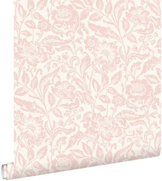 Tapetenrolle mit rosa floralem Muster, klassisches Design mit Blüten und Blättern.