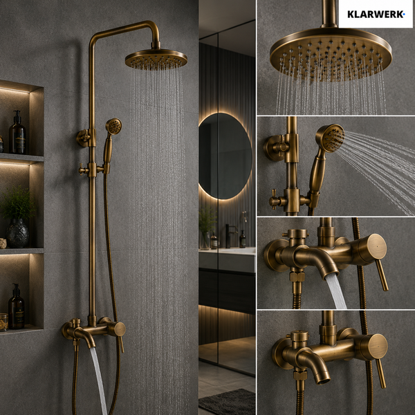 Duschsystem in Antik-Messing-Optik mit Regenduschkopf, Handbrause und Wannenarmatur im modernen Badezimmer. KLARWERK Logo.