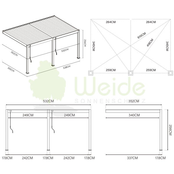Weide Deluxe Wandpergola 3,6 x 5,3 M - Voll-Aluminium, Lamellendach, Anthrazit