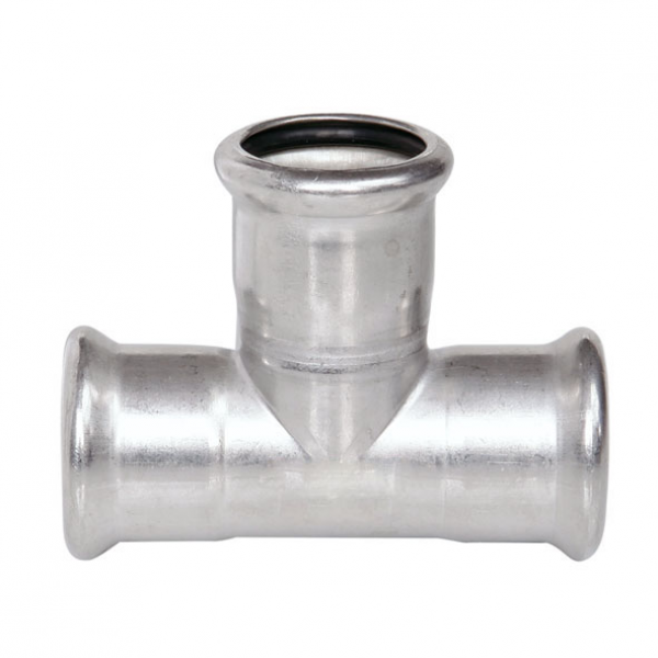 T-Stück Pressfitting aus Edelstahl für Rohrverbindungen.