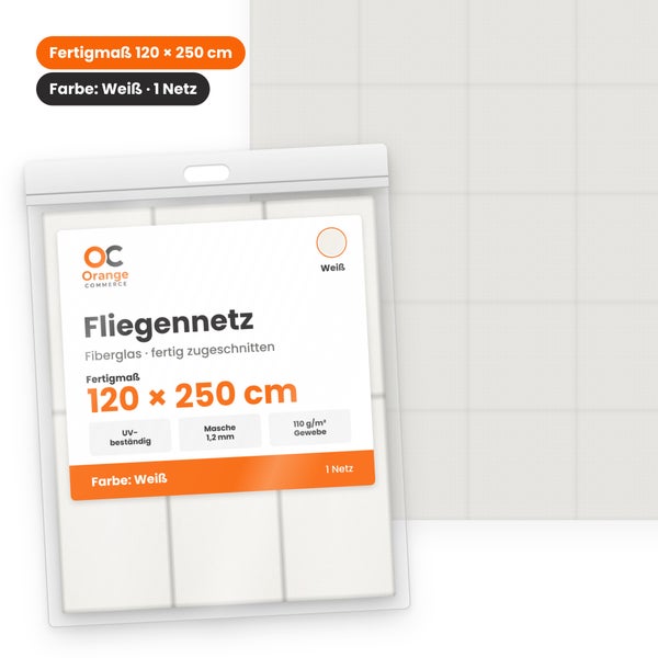 Fliegengitter aus Fiberglas mit den Maßen 120 mal 250 Zentimeter in einer Verpackung von Orange Commerce Logo