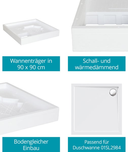 Calmwaters® Duschwannenträger 90x90 cm Modern Select, Passend für Quadrat-Duschwanne 90 x 90 x 2,5 cm, Styropor-Wannenträger, Schall- und wärmedämmend, Direkt verfliesbar, Weiß, 03AX3022