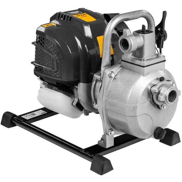 Benzin Wasserpumpe Texas WP358S mit 35,8 Kubikzentimeter Motor auf Metallrahmen zur Gartenbewässerung und Entwässerung.