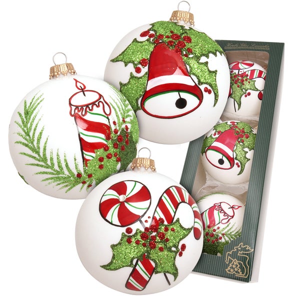 Kugeln Jingle Bells, Weiß Glanz, 8cm, 3 Stck., Weihnachtsbaumkugeln, Christbaumschmuck, Weihnachtsbaumanhänger
