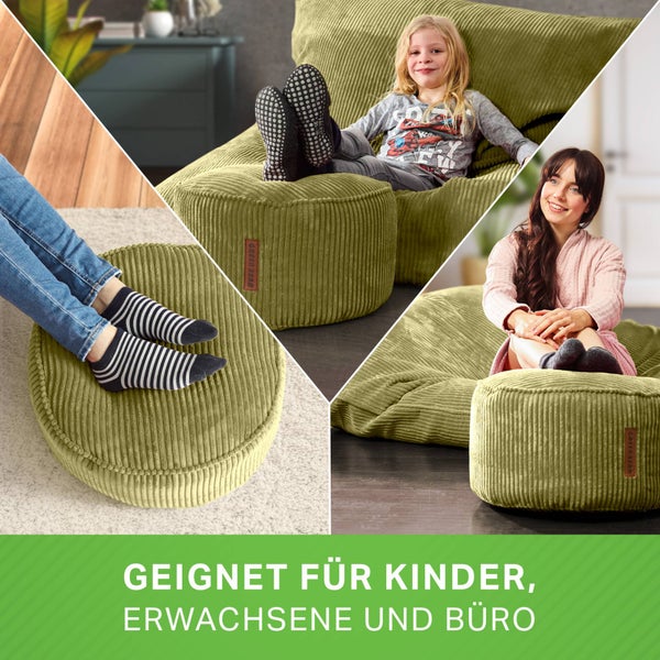 Green Bean Pouf-Kissen 45x25cm mit EPS-Perlen Füllung & Cordstoff Bodenkissen Liegekissen Sitzkissen Sitzhocker Sessel Kinder Erwachsene Stoff Hocker Ablage Grün