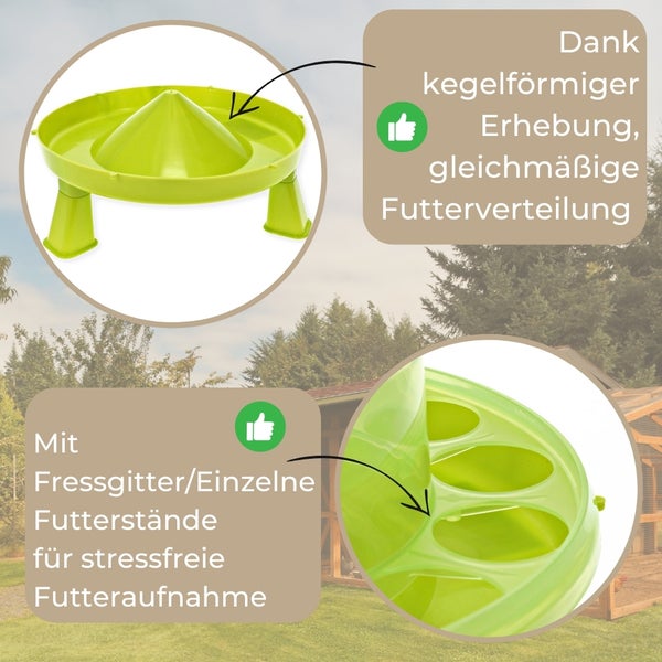 Futterstation für Hühner mit Fressgitter und konischer Erhebung für gleichmäßige Futterverteilung
