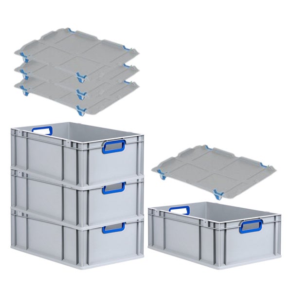 PROREGAL Spar Set 4x Eurobox Nextgen Color Mit Auflagedeckel & Schiebeschnappverschlüsse HxBxT 22 x 40 x 60 cm Griffe Blau Offen Verstärkter Boden