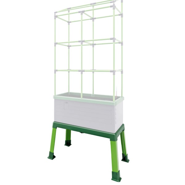 Hochbeet mit Rankhilfe aus Kunststoff auf hohen Standfüßen, Grau und Grün.