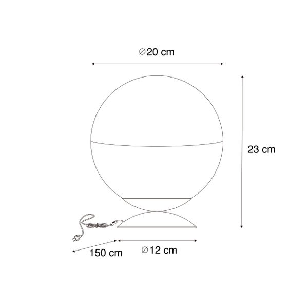 Skizze einer Tischleuchte mit den Maßen 20 Zentimeter Durchmesser, 23 Zentimeter Höhe und 150 Zentimeter Kabellänge