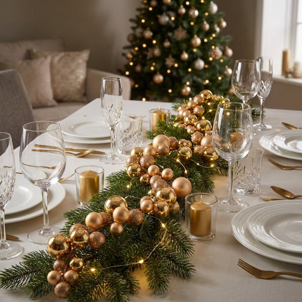 Festlich gedeckter Esstisch mit weihnachtlicher Tannengirlande aus Christbaumkugeln und Lichterkette als Tischdekoration.