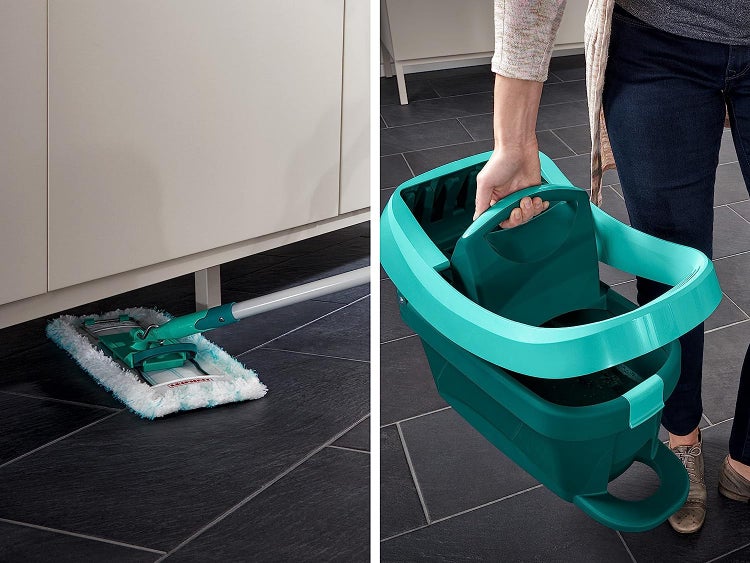 Leifheit Set Wischtuchpresse Profi XL mit Bodenwischer 146cm und Rollen, 1x Mikrofaser Bezug für alle glatten Böden & 1x elektrostatisches Staubtuch, Putzen ohne Bücken wie handgewrungen, Click-System